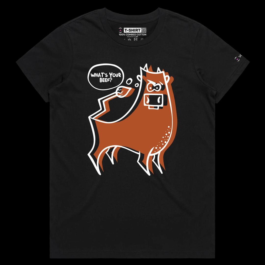 VOICEART Black Female Regular Angry Cow with an Attitude Funny Animals Shirt Premium Quality Graphic What's Your Beef Tee v2
