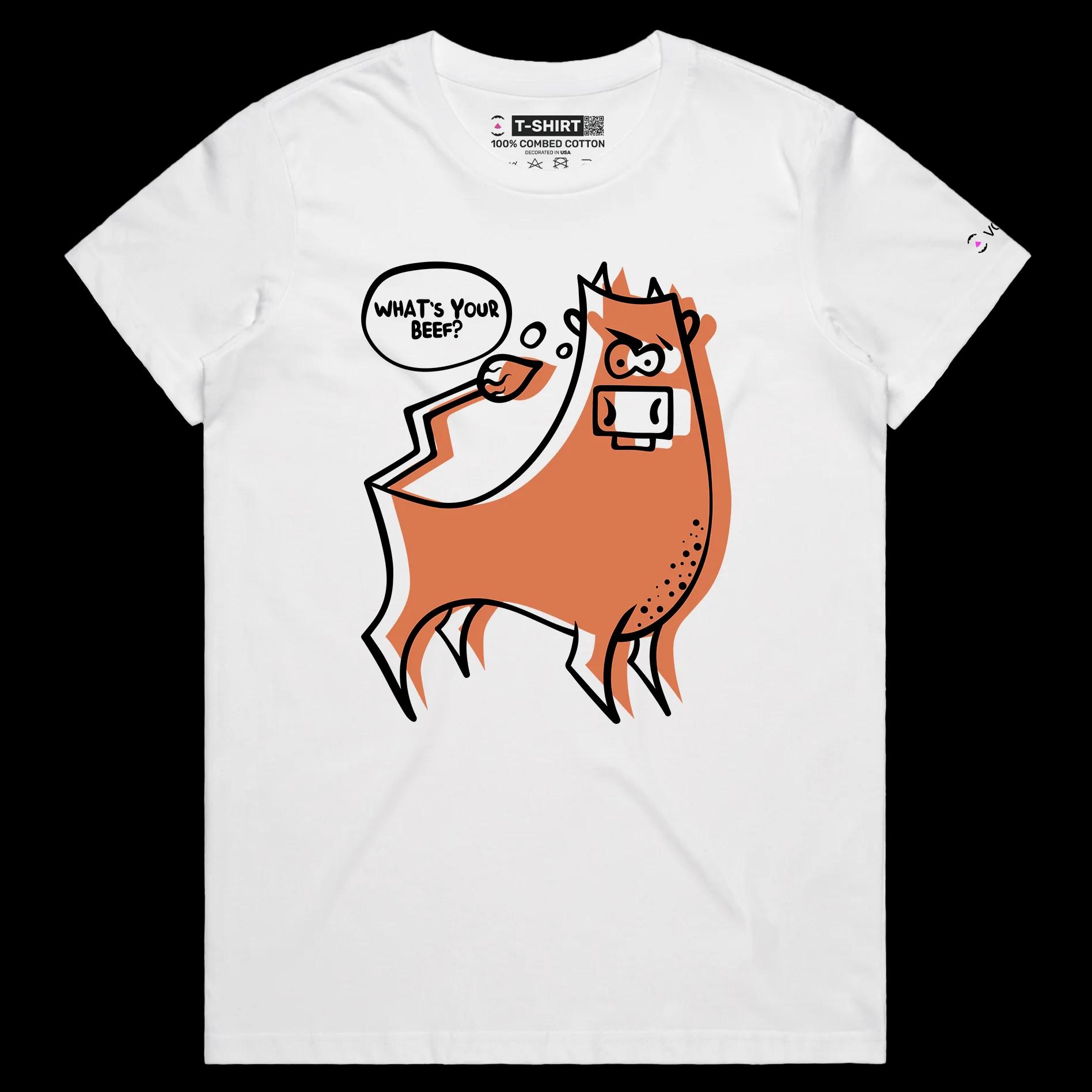 VOICEART White Female Regular Angry Cow with an Attitude Funny Animals Shirt Premium Quality Graphic What's Your Beef Tee v2