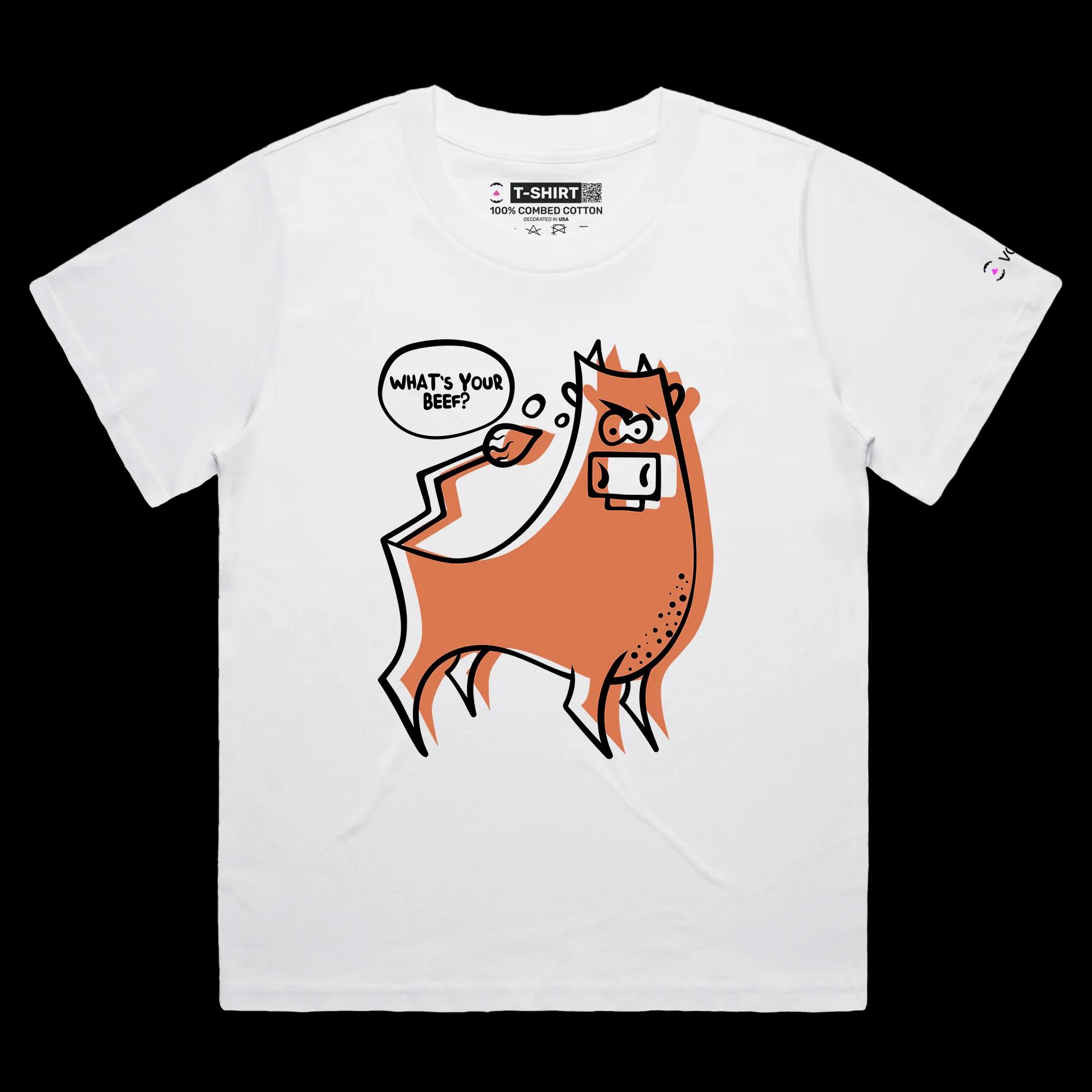 VOICEART White Female Loose Angry Cow with an Attitude Funny Animals Shirt Premium Quality Graphic What's Your Beef Tee v2