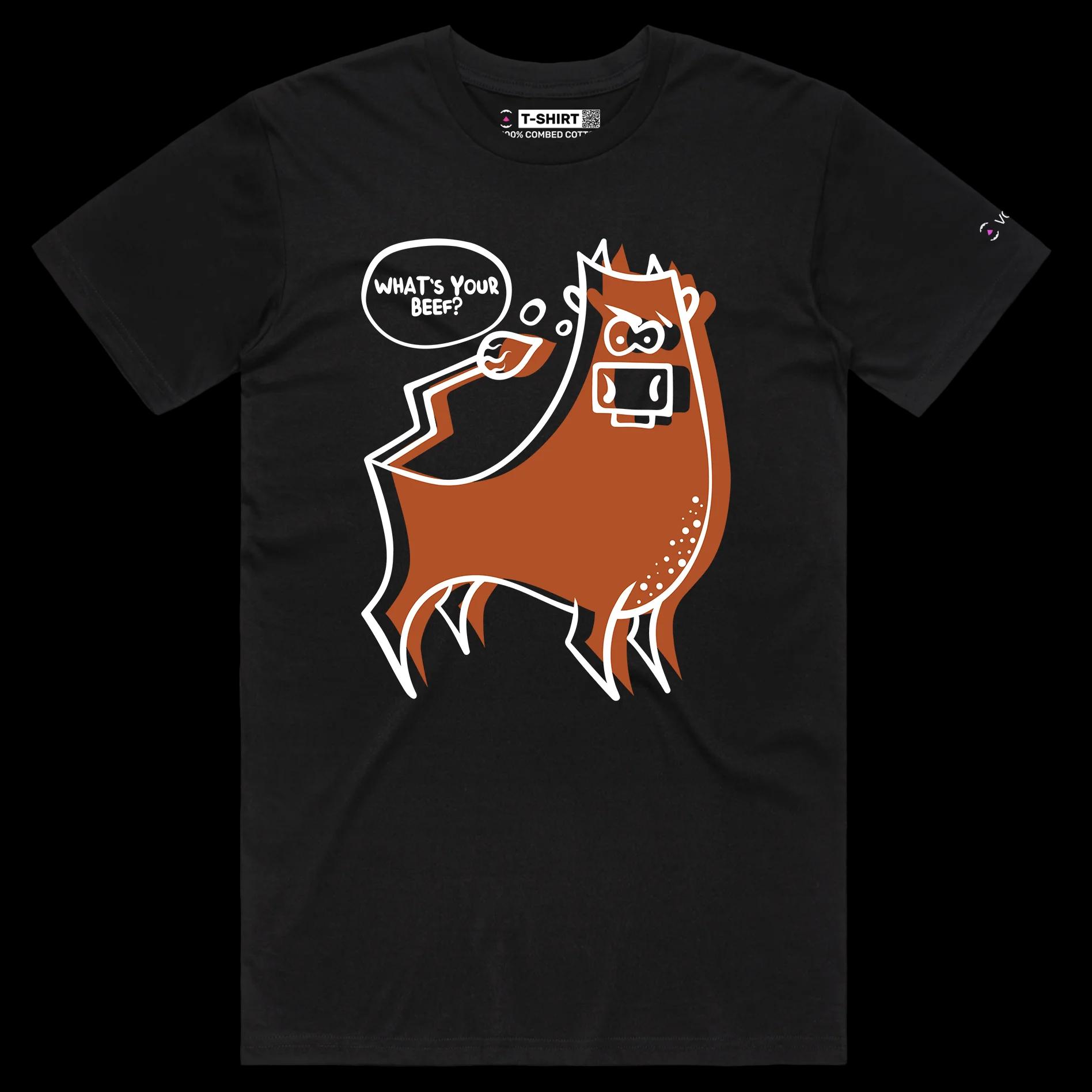 VOICEART Black Male Regular Angry Cow with an Attitude Funny Animals Shirt Premium Quality Graphic What's Your Beef Tee v2