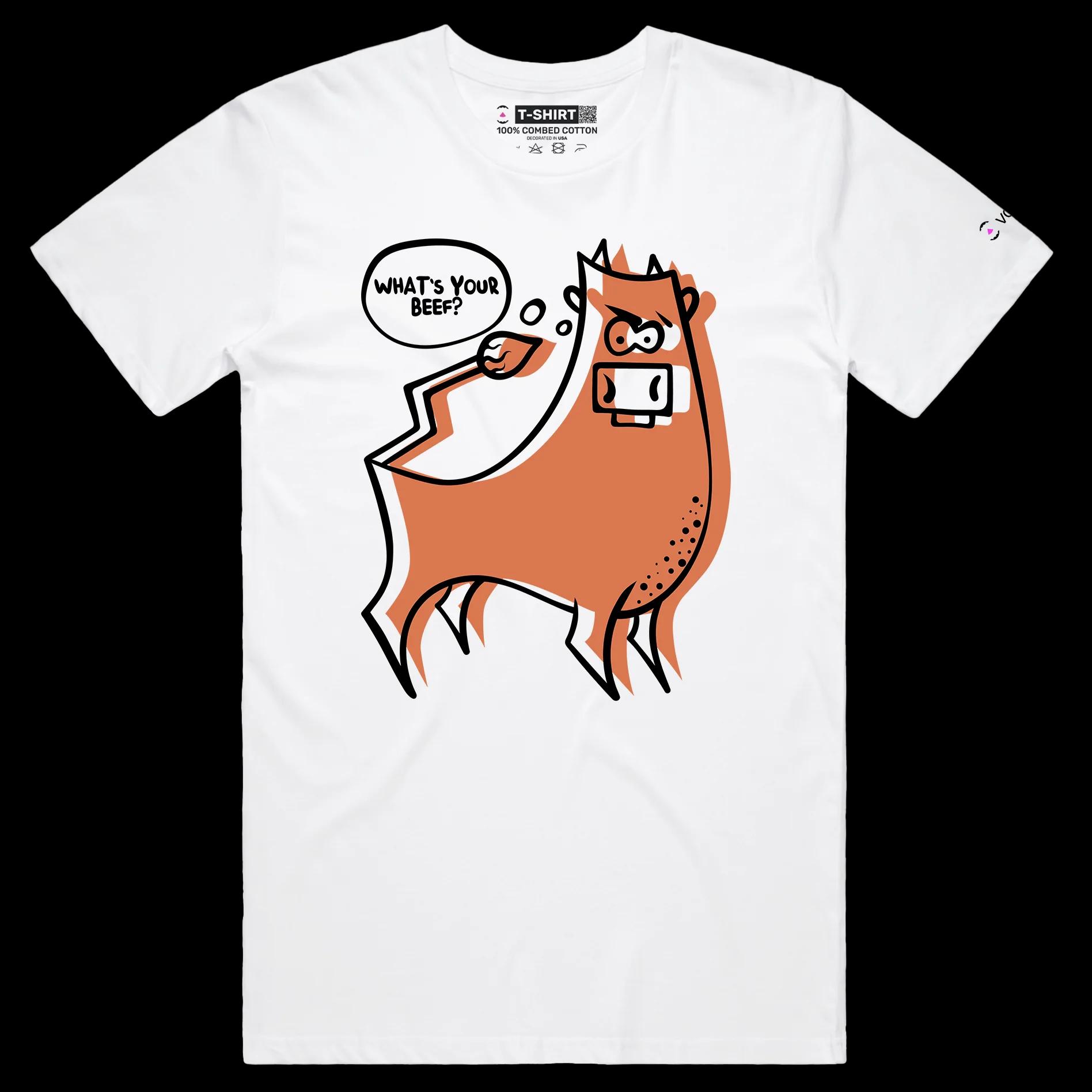 VOICEART White Male Regular Angry Cow with an Attitude Funny Animals Shirt Premium Quality Graphic What's Your Beef Tee v2