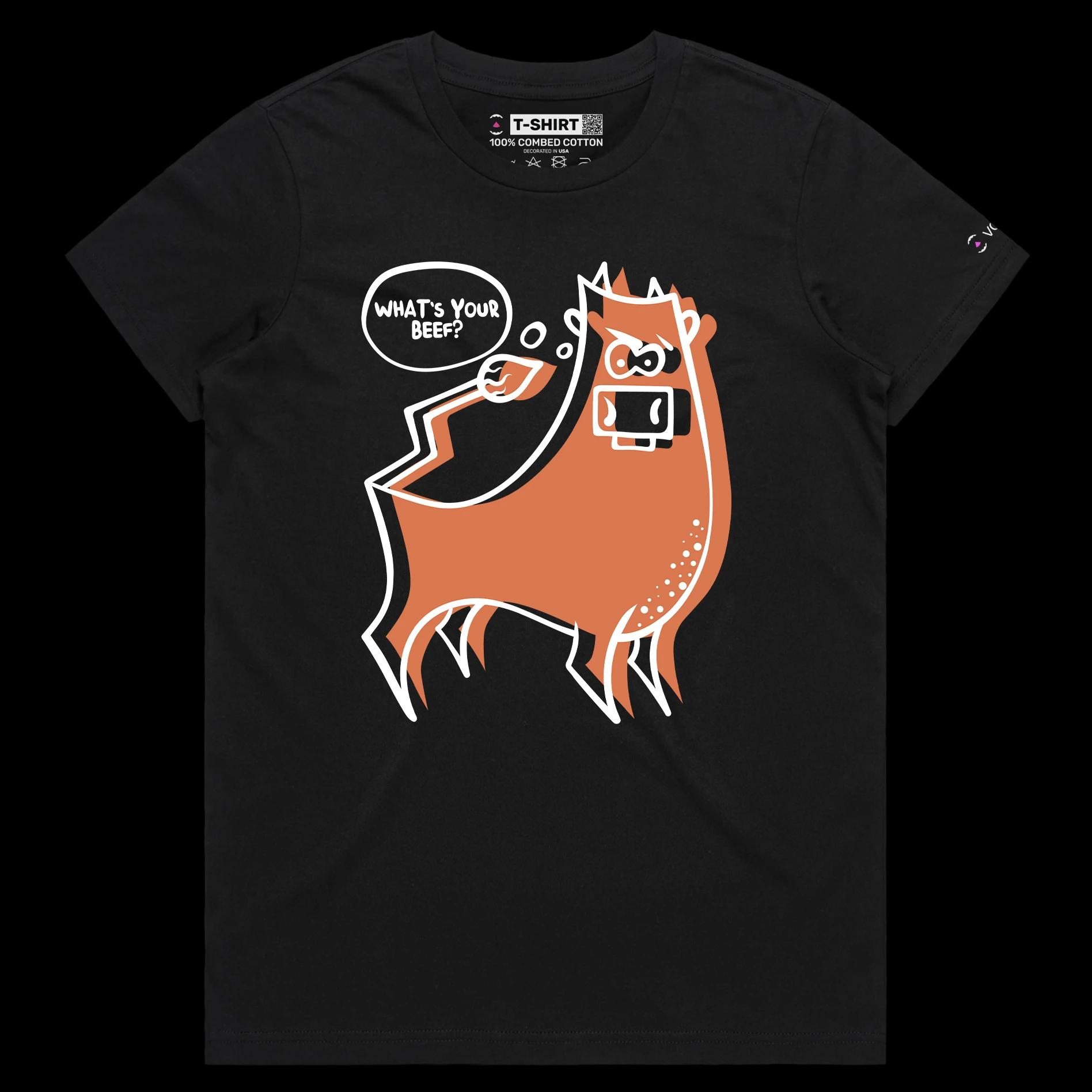 VOICEART Black Female Regular Angry Cow with an Attitude Funny Animals Shirt Premium Quality Graphic What's Your Beef Tee v2