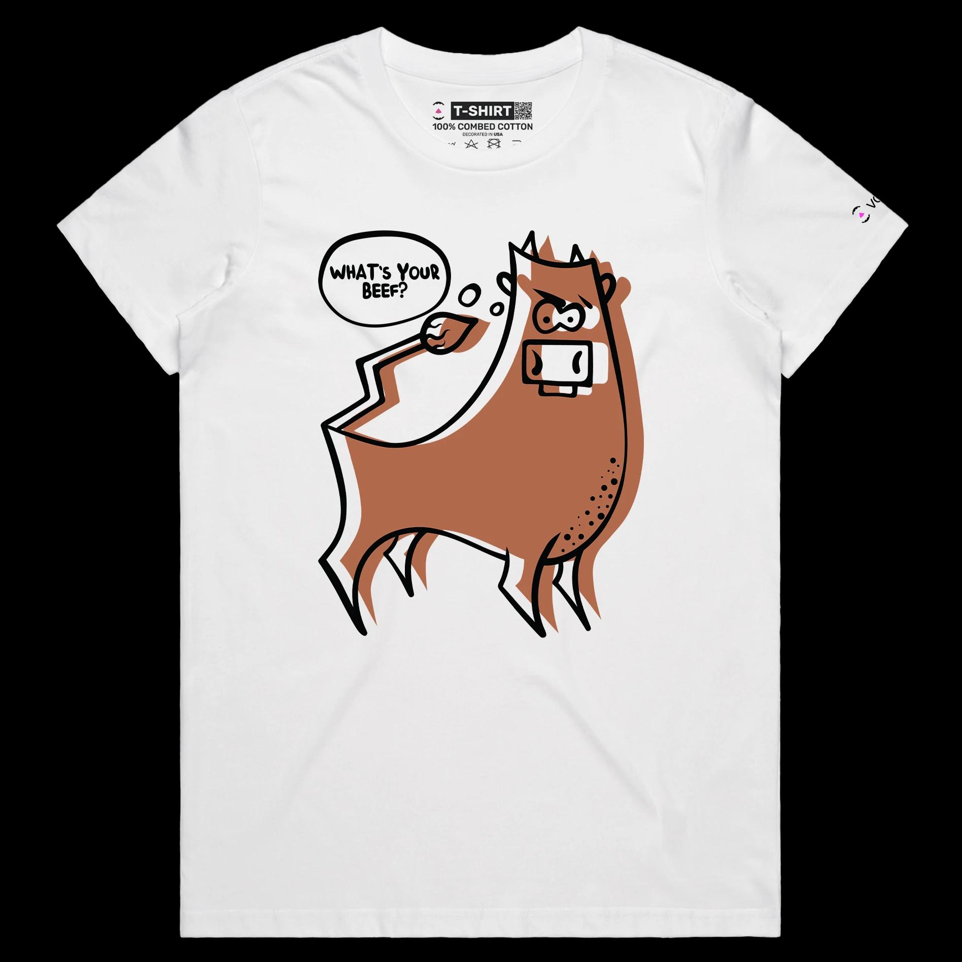 VOICEART White Female Regular Angry Cow with an Attitude Funny Animals Shirt Premium Quality Graphic What's Your Beef Tee v2