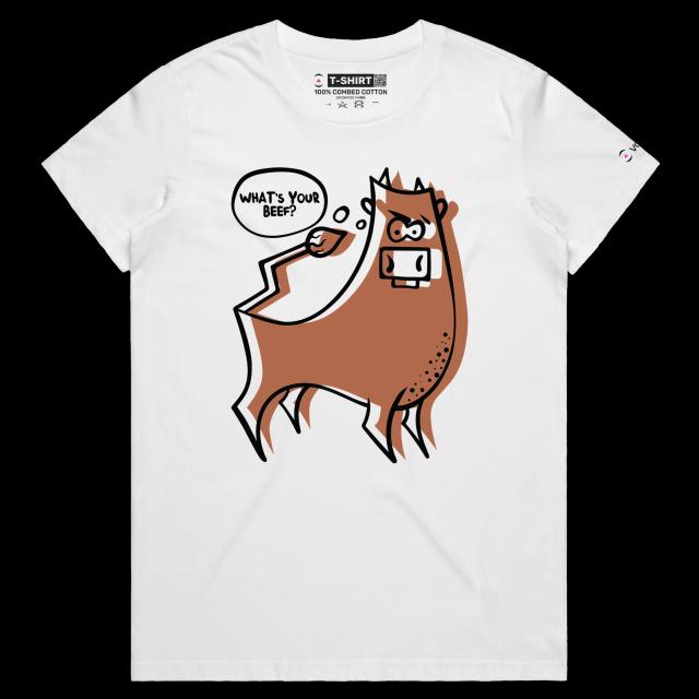 VOICEART White Female Regular Angry Cow with an Attitude Funny Animals Shirt Premium Quality Graphic What's Your Beef Tee v2