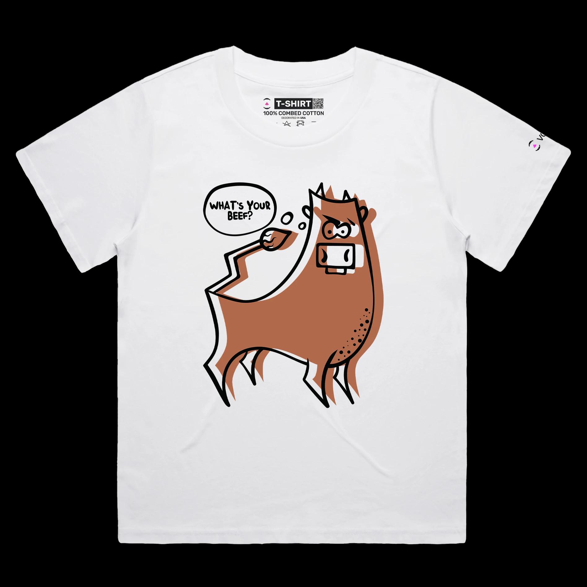 VOICEART White Female Loose Angry Cow with an Attitude Funny Animals Shirt Premium Quality Graphic What's Your Beef Tee v2
