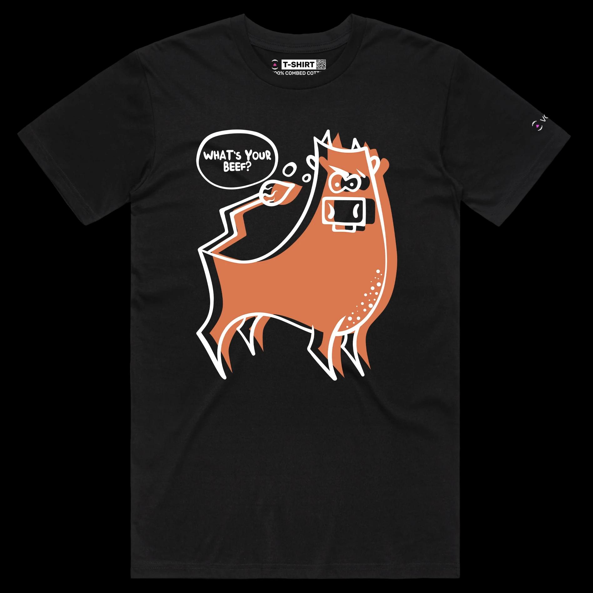 VOICEART Black Male Regular Angry Cow with an Attitude Funny Animals Shirt Premium Quality Graphic What's Your Beef Tee v2