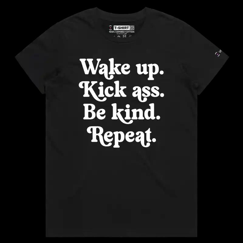 VOICEART Black Female Regular Wake Up Be Kind Repeat Lifestyle T-Shirt Premium Graphic and Motivational Quote Typography Tee