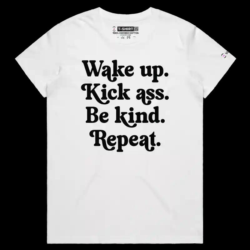 VOICEART White Female Regular Wake Up Be Kind Repeat Lifestyle T-Shirt Premium Graphic and Motivational Quote Typography Tee