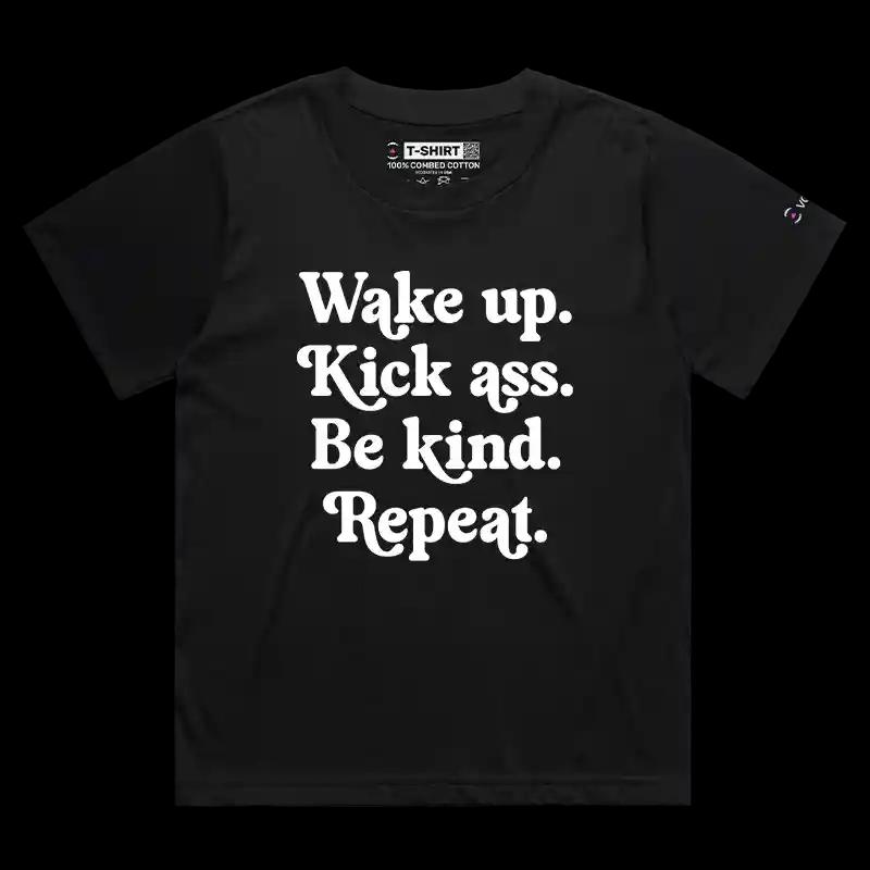 VOICEART Black Female Loose Wake Up Be Kind Repeat Lifestyle T-Shirt Premium Graphic and Motivational Quote Typography Tee