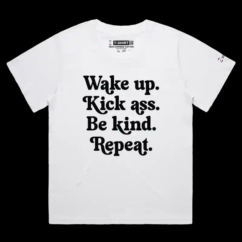 VOICEART White Female Loose Wake Up Be Kind Repeat Lifestyle T-Shirt Premium Graphic and Motivational Quote Typography Tee