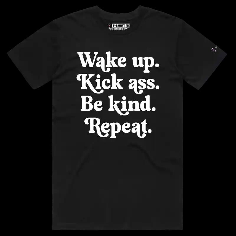 VOICEART Black Male Regular Wake Up Be Kind Repeat Lifestyle T-Shirt Premium Graphic and Motivational Quote Typography Tee