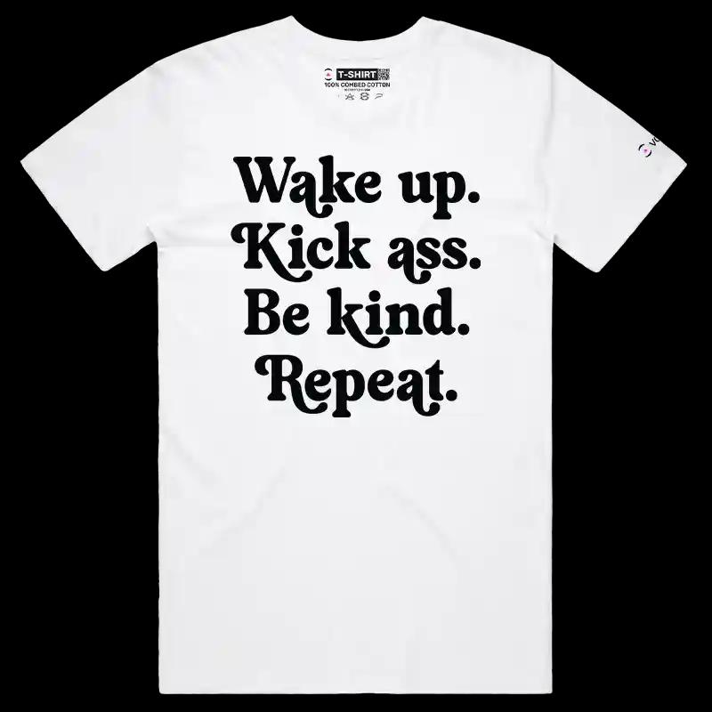 VOICEART White Male Regular Wake Up Be Kind Repeat Lifestyle T-Shirt Premium Graphic and Motivational Quote Typography Tee