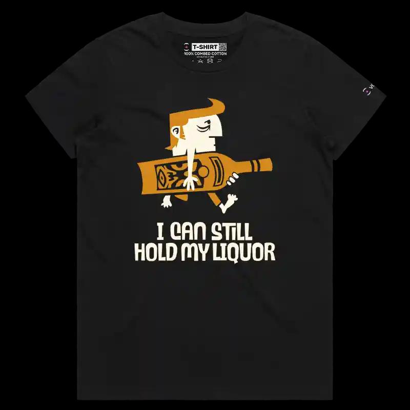 VOICEART Black Female Regular I Can Hold My Liquor Funny T-Shirt Premium Graphic Guy Holding a Bottle Drinking Tee