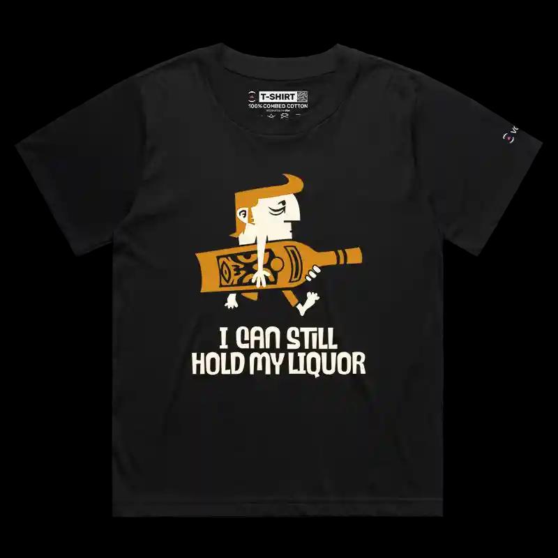 VOICEART Black Female Loose I Can Hold My Liquor Funny T-Shirt Premium Graphic Guy Holding a Bottle Drinking Tee