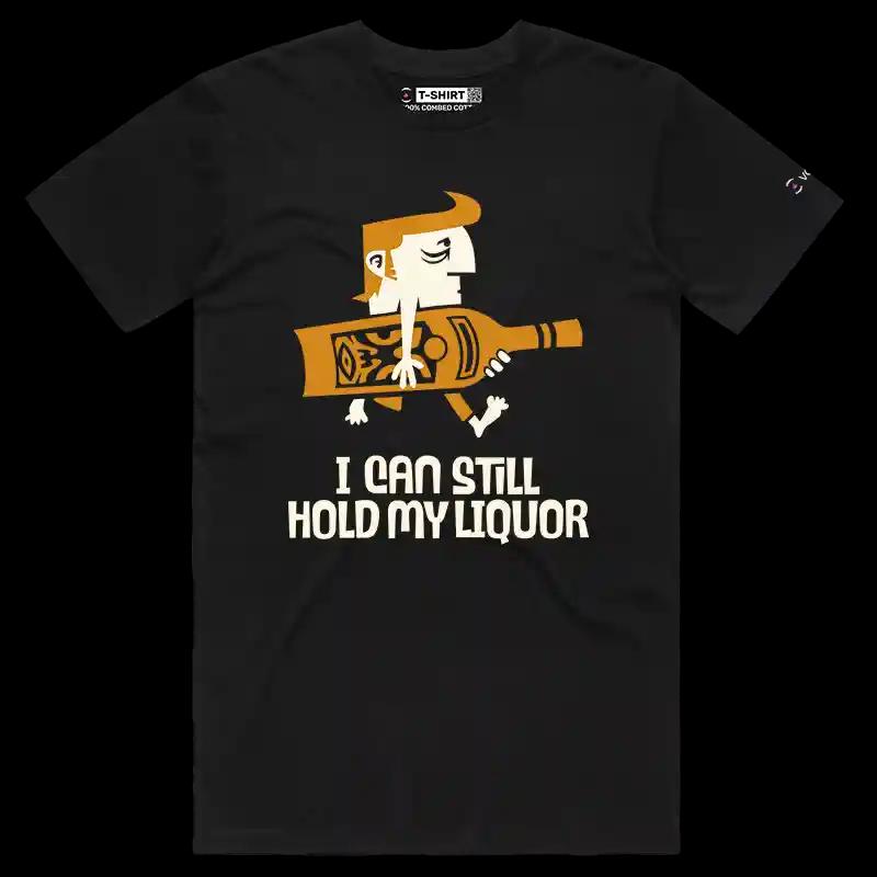 VOICEART Black Male Regular I Can Hold My Liquor Funny T-Shirt Premium Graphic Guy Holding a Bottle Drinking Tee