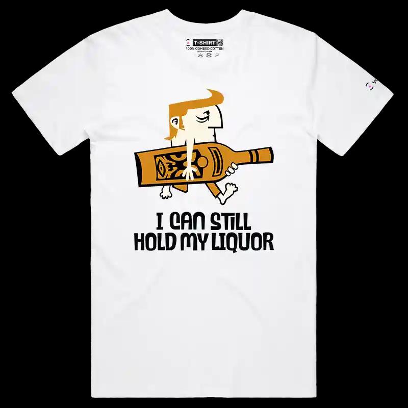 VOICEART White Male Regular I Can Hold My Liquor Funny T-Shirt Premium Graphic Guy Holding a Bottle Drinking Tee