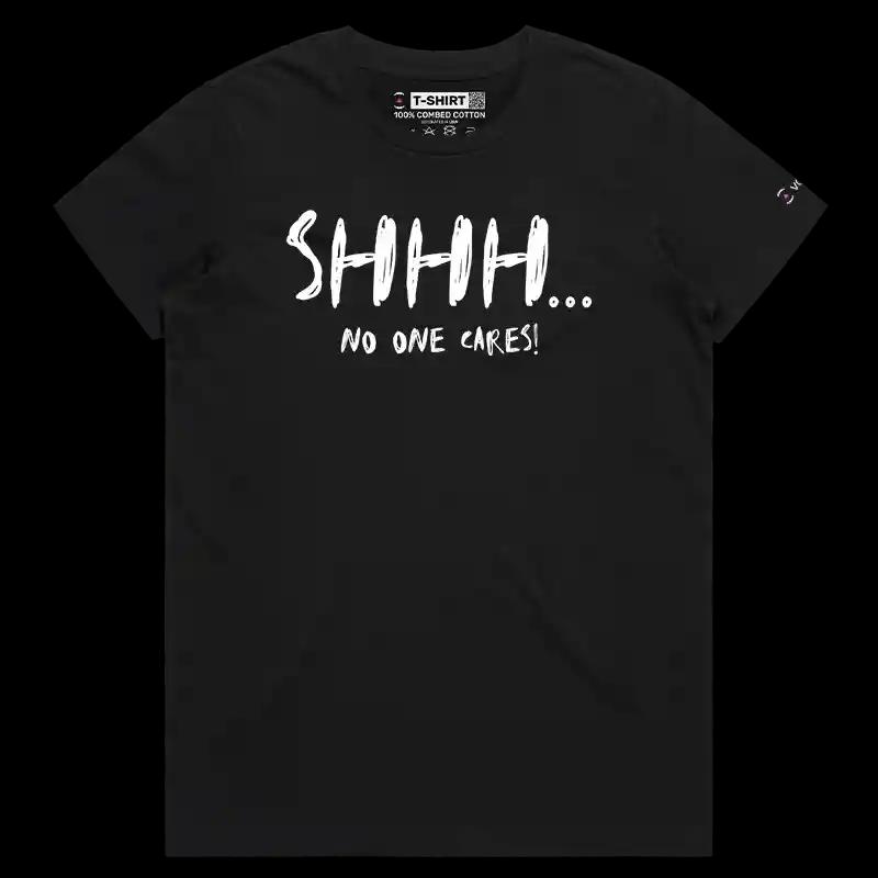 VOICEART Black Female Regular No One Care Funny T-Shirt Premium Graphic Sarcastic Jokes Humor Wordplay Tee for Men and Women