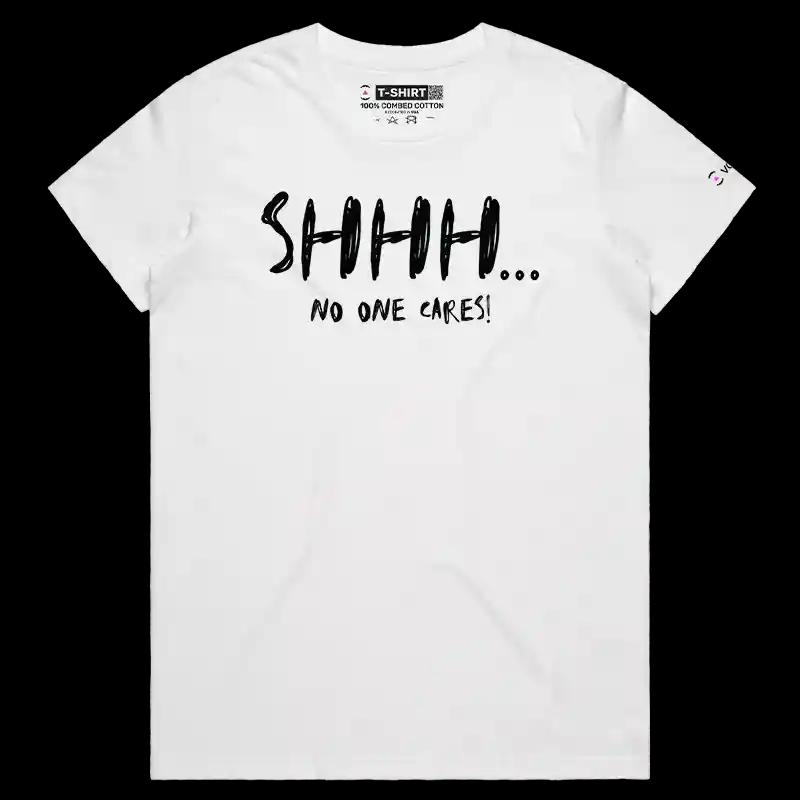 VOICEART White Female Regular No One Care Funny T-Shirt Premium Graphic Sarcastic Jokes Humor Wordplay Tee for Men and Women