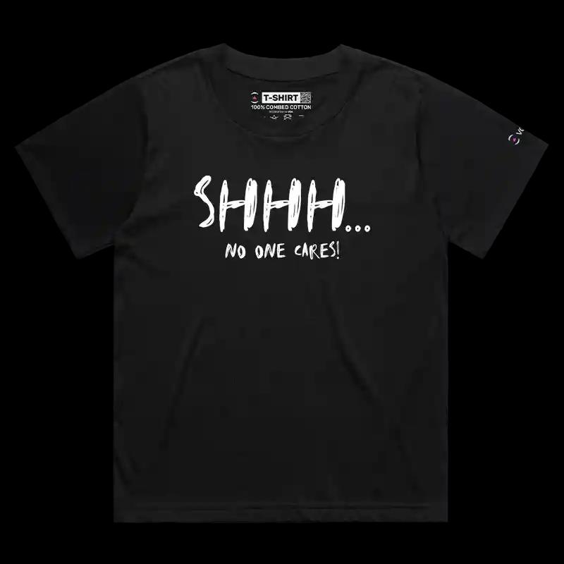 VOICEART Black Female Regular No One Care Funny T-Shirt Premium Graphic Sarcastic Jokes Humor Wordplay Tee for Men and Women