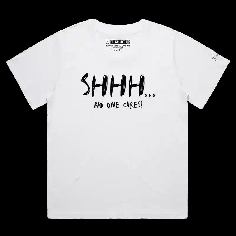 VOICEART White Female Loose No One Care Funny T-Shirt Premium Graphic Sarcastic Jokes Humor Wordplay Tee for Men and Women