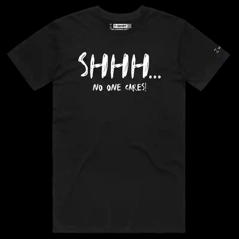 VOICEART Black Male Regular No One Care Funny T-Shirt Premium Graphic Sarcastic Jokes Humor Wordplay Tee for Men and Women