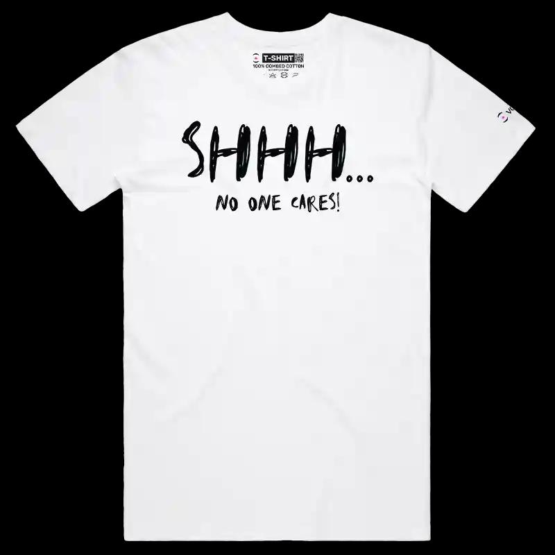 VOICEART White Male Regular No One Care Funny T-Shirt Premium Graphic Sarcastic Jokes Humor Wordplay Tee for Men and Women