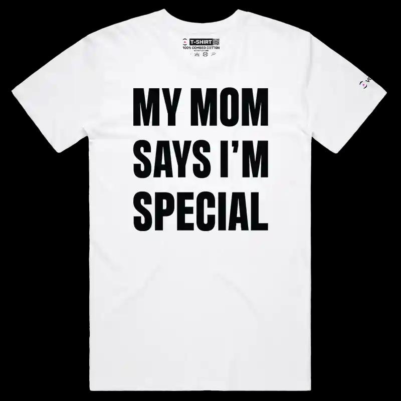 VOICEART White Male Regular My Mom Says I am Special Funny T-Shirt Premium Graphic for Sons and Daughters Family Jokes Tee