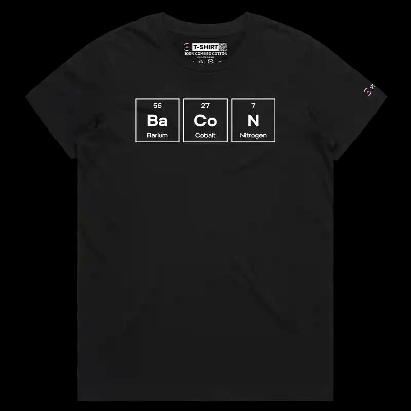 VOICEART Black Female Regular Bacon Periodic Table Funny T-Shirt Premium Graphic Food and Chemistry Humor and Jokes Tee