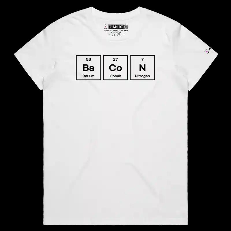 VOICEART White Female Regular Bacon Periodic Table Funny T-Shirt Premium Graphic Food and Chemistry Humor and Jokes Tee