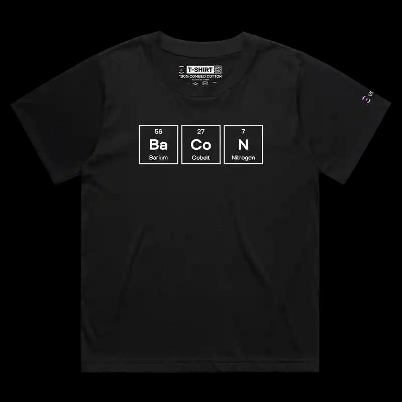 VOICEART Black Female Loose Bacon Periodic Table Funny T-Shirt Premium Graphic Food and Chemistry Humor and Jokes Tee