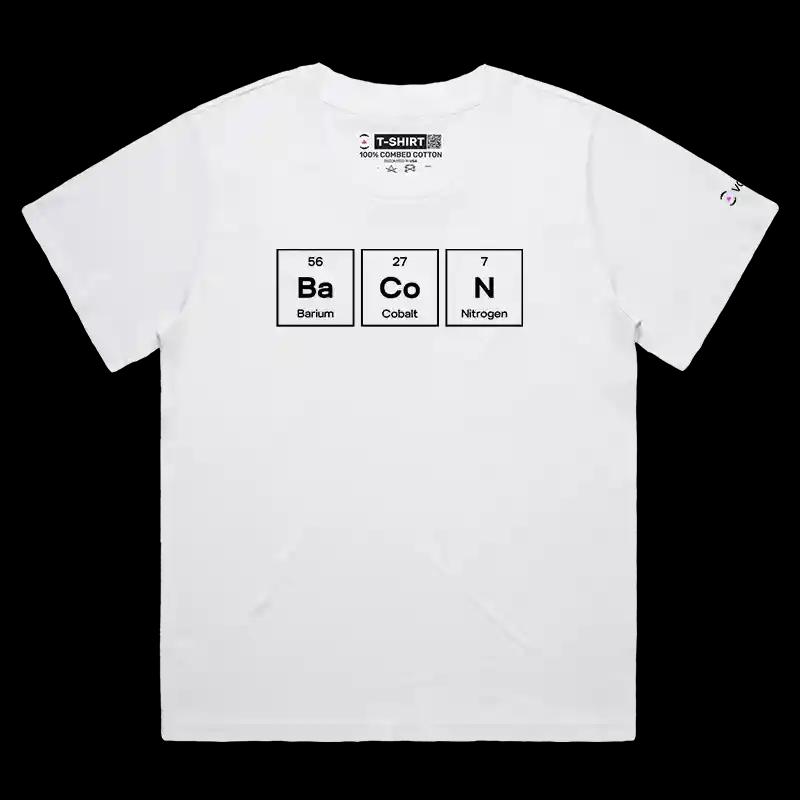 VOICEART White Female Loose Bacon Periodic Table Funny T-Shirt Premium Graphic Food and Chemistry Humor and Jokes Tee