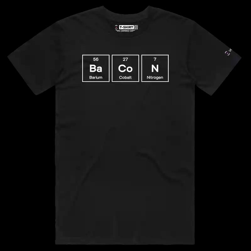 VOICEART Black Male Regular Bacon Periodic Table Funny T-Shirt Premium Graphic Food and Chemistry Humor and Jokes Tee