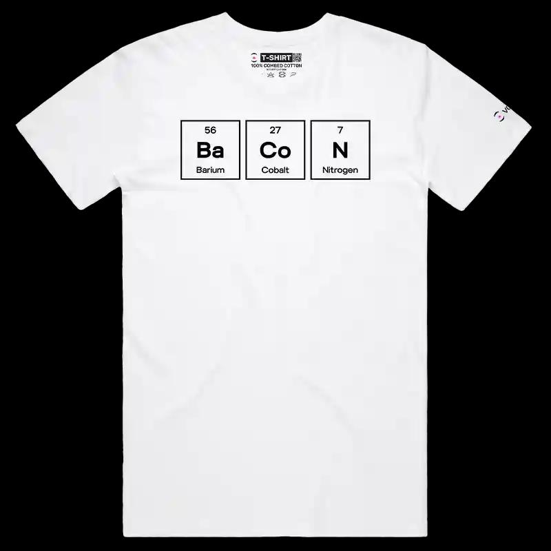 VOICEART White Male Regular Bacon Periodic Table Funny T-Shirt Premium Graphic Food and Chemistry Humor and Jokes Tee