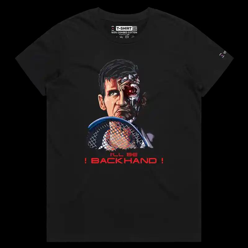 VOICEART Black Female Regular Djokovic Terminator Funny Graphic Sports Tee Premium Design Best Return Tennis T-Shirt