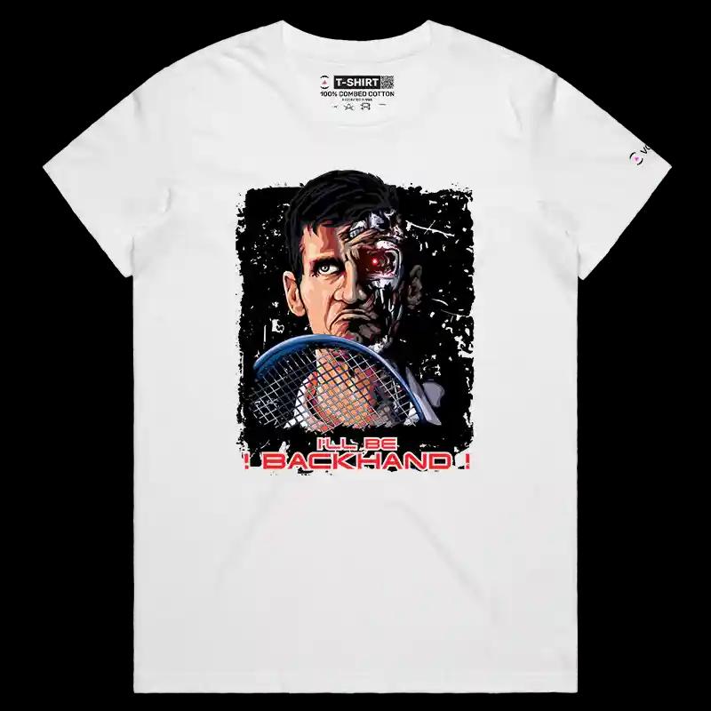 VOICEART White Female Regular Djokovic Terminator Funny Graphic Sports Tee Premium Design Best Return Tennis T-Shirt