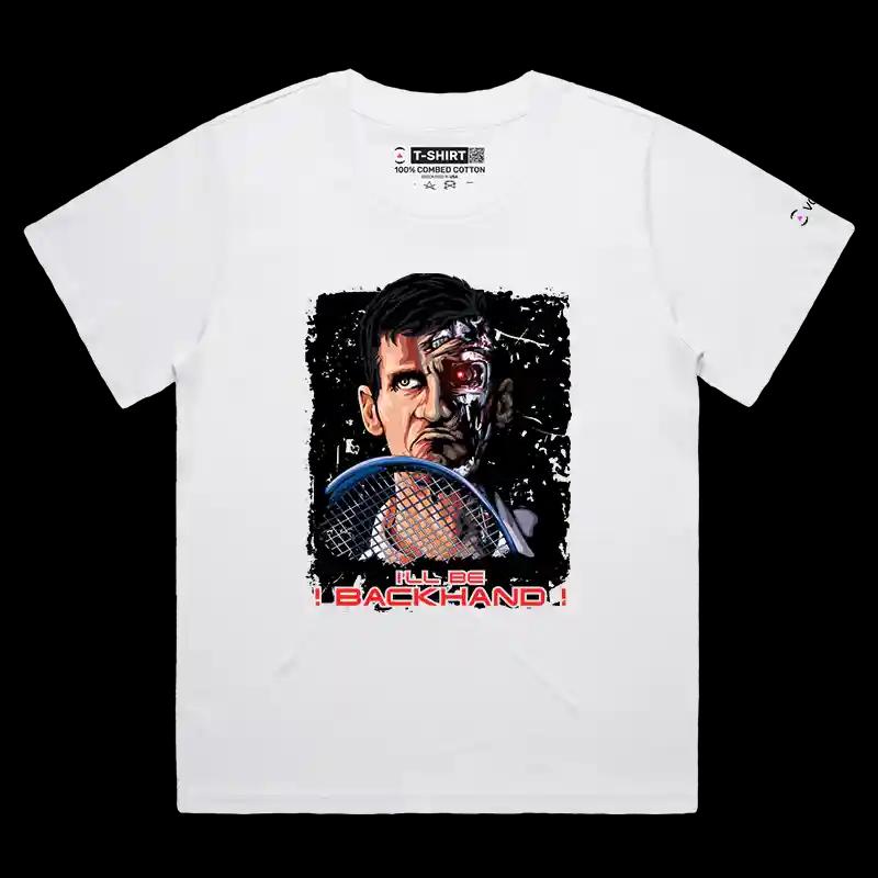 VOICEART White Female Loose Djokovic Terminator Funny Graphic Sports Tee Premium Design Best Return Tennis T-Shirt