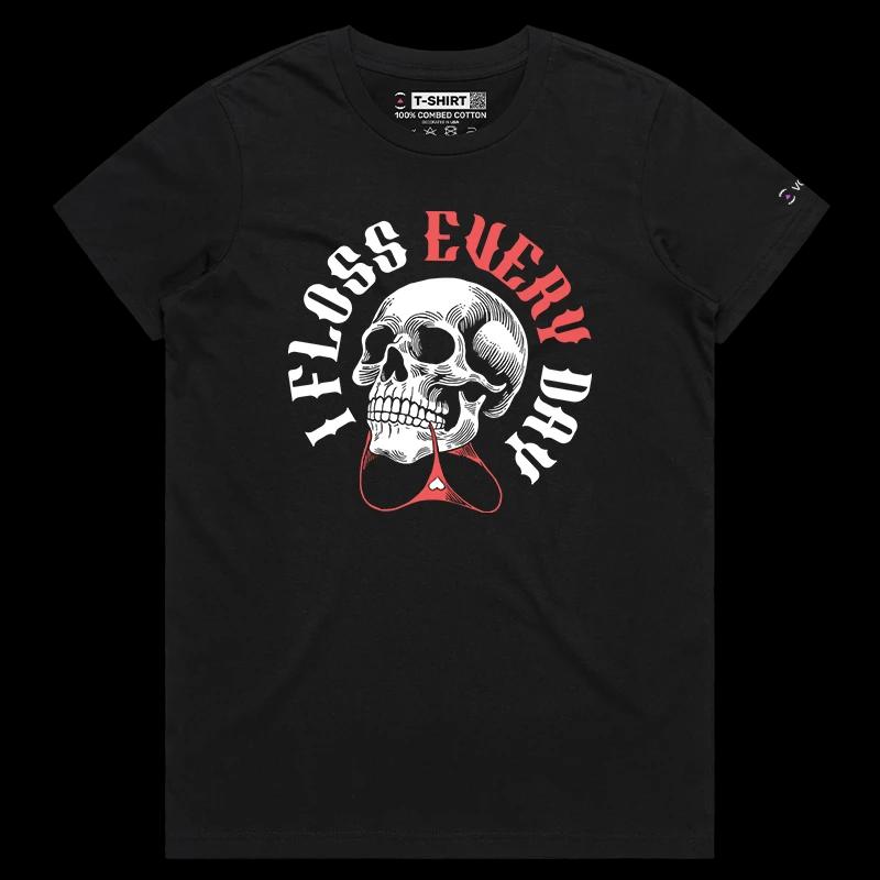 VOICEART Black Female Regular Skeleton Flosser Funny T-Shirt with Premium Graphics Lazy Bones Skull Tee with Wordplay