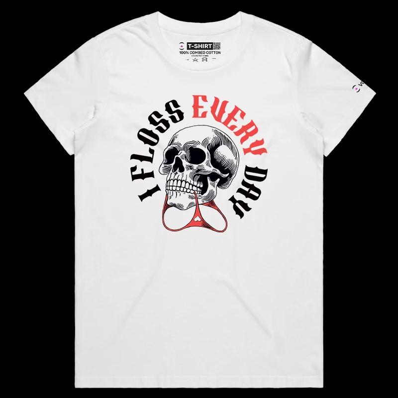 VOICEART White Female Regular Skeleton Flosser Funny T-Shirt with Premium Graphics Lazy Bones Skull Tee with Wordplay