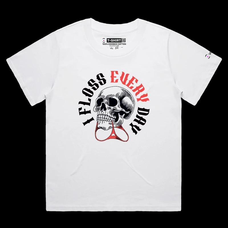 VOICEART White Female Loose Skeleton Flosser Funny T-Shirt with Premium Graphics Lazy Bones Skull Tee with Wordplay