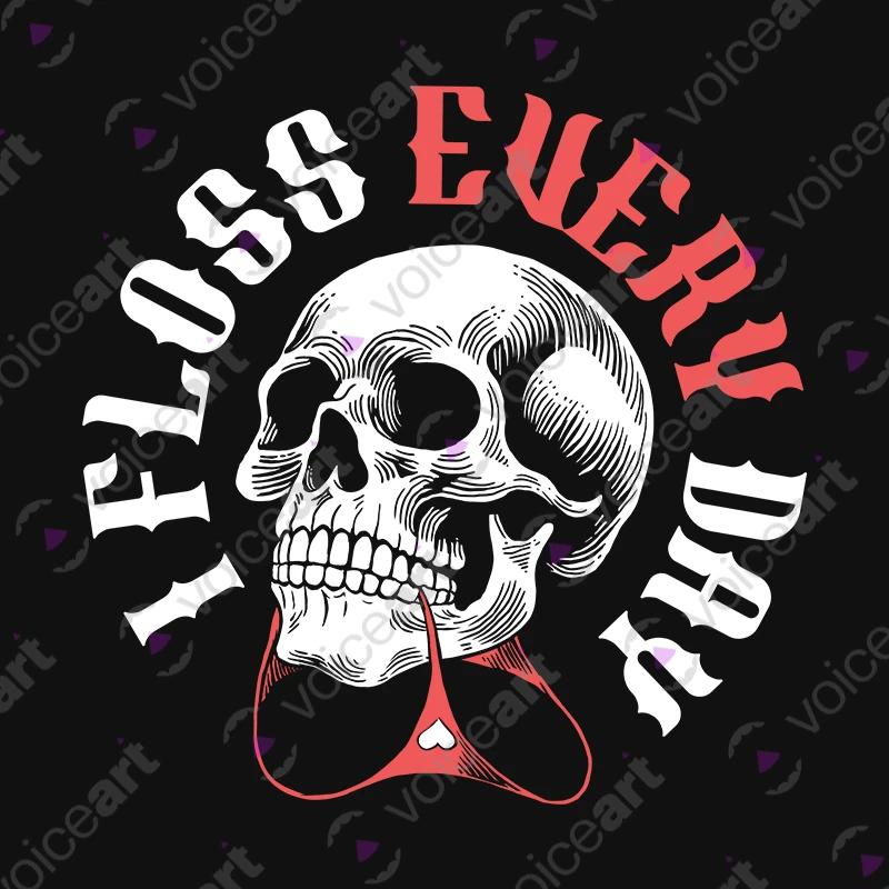 VOICEART Black Watermark Skeleton Flosser Funny T-Shirt with Premium Graphics Lazy Bones Skull Tee with Wordplay