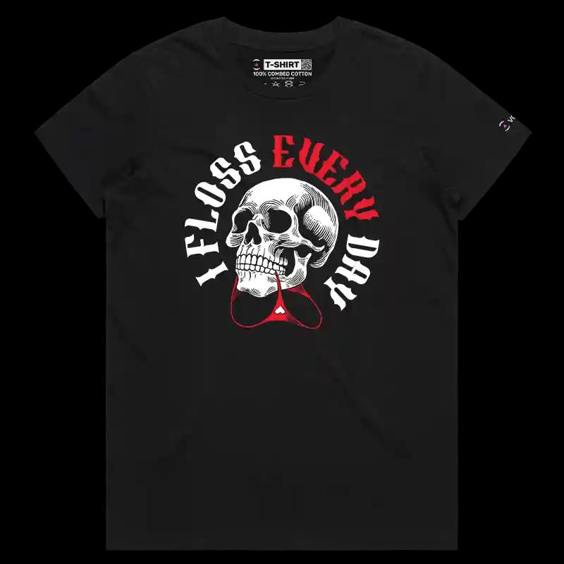 VOICEART Black Female Regular Skeleton Flosser Funny T-Shirt with Premium Graphics Lazy Bones Skull Tee with Wordplay