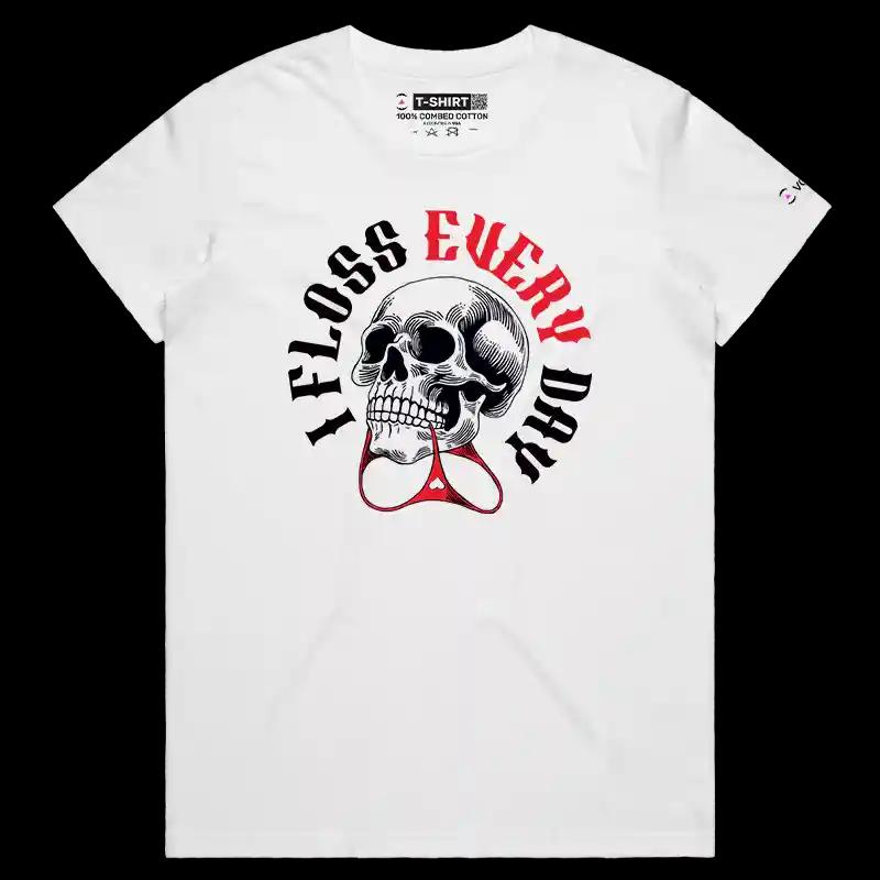 VOICEART White Female Regular Skeleton Flosser Funny T-Shirt with Premium Graphics Lazy Bones Skull Tee with Wordplay