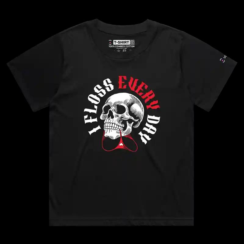 VOICEART Black Female Loose Skeleton Flosser Funny T-Shirt with Premium Graphics Lazy Bones Skull Tee with Wordplay