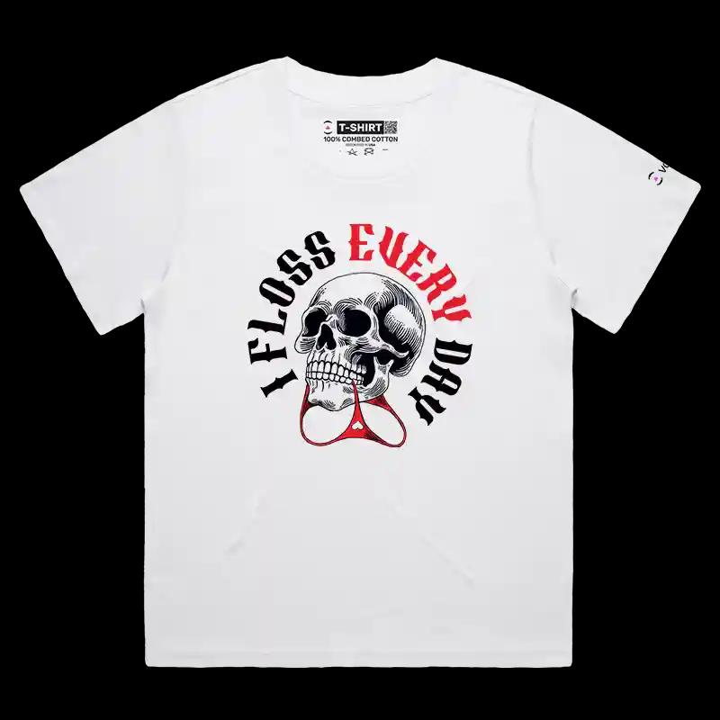 VOICEART White Female Loose Skeleton Flosser Funny T-Shirt with Premium Graphics Lazy Bones Skull Tee with Wordplay
