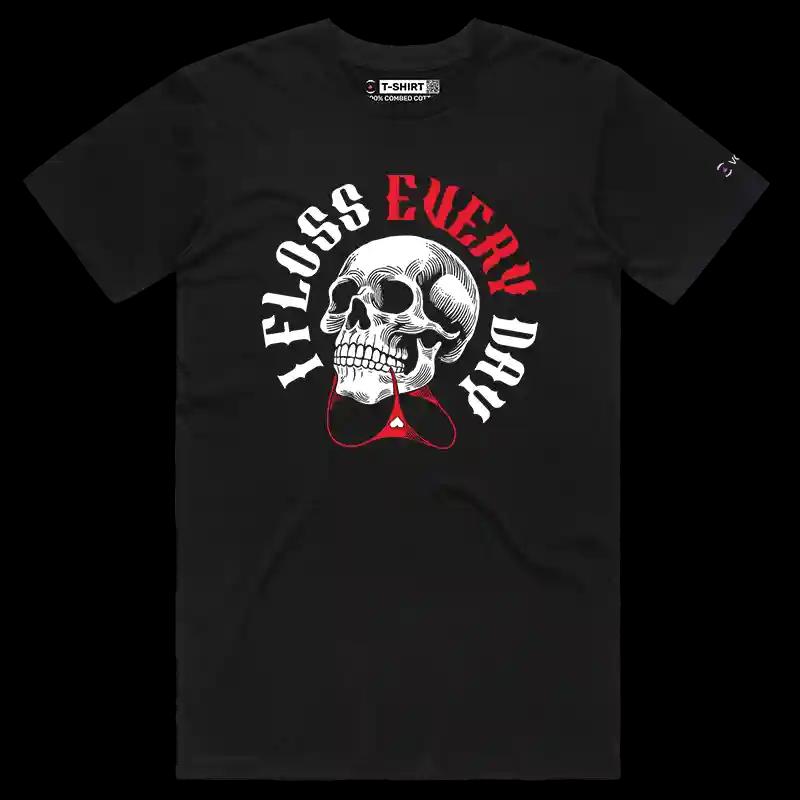VOICEART Black Male Regular Skeleton Flosser Funny T-Shirt with Premium Graphics Lazy Bones Skull Tee with Wordplay