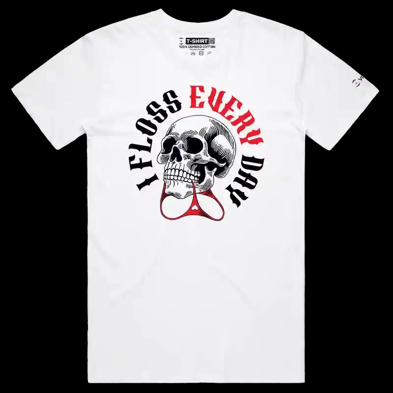 VOICEART White Male Regular Skeleton Flosser Funny T-Shirt with Premium Graphics Lazy Bones Skull Tee with Wordplay