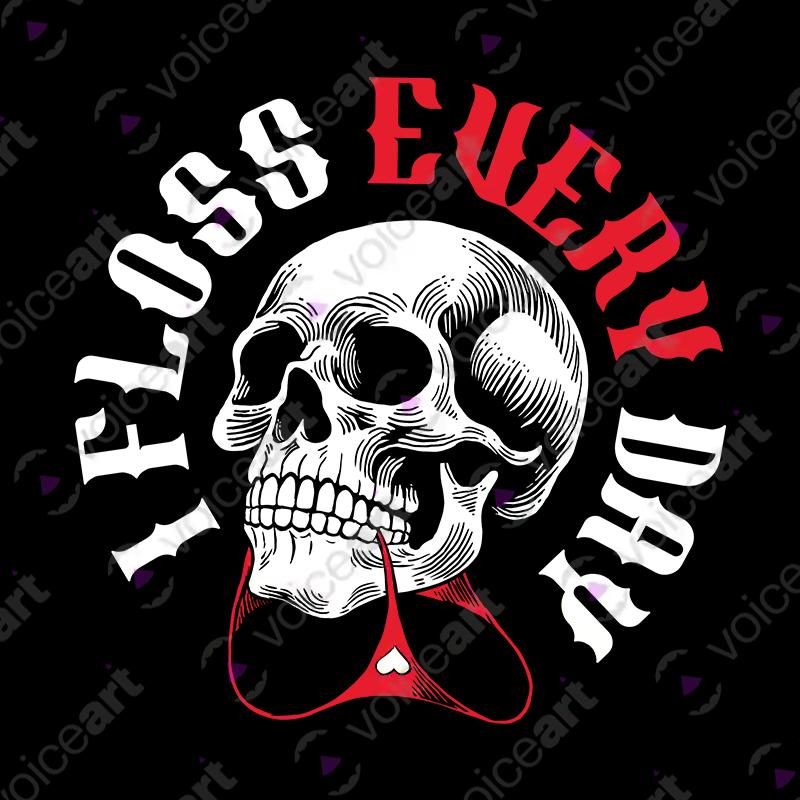VOICEART Black Watermark Skeleton Flosser Funny T-Shirt with Premium Graphics Lazy Bones Skull Tee with Wordplay