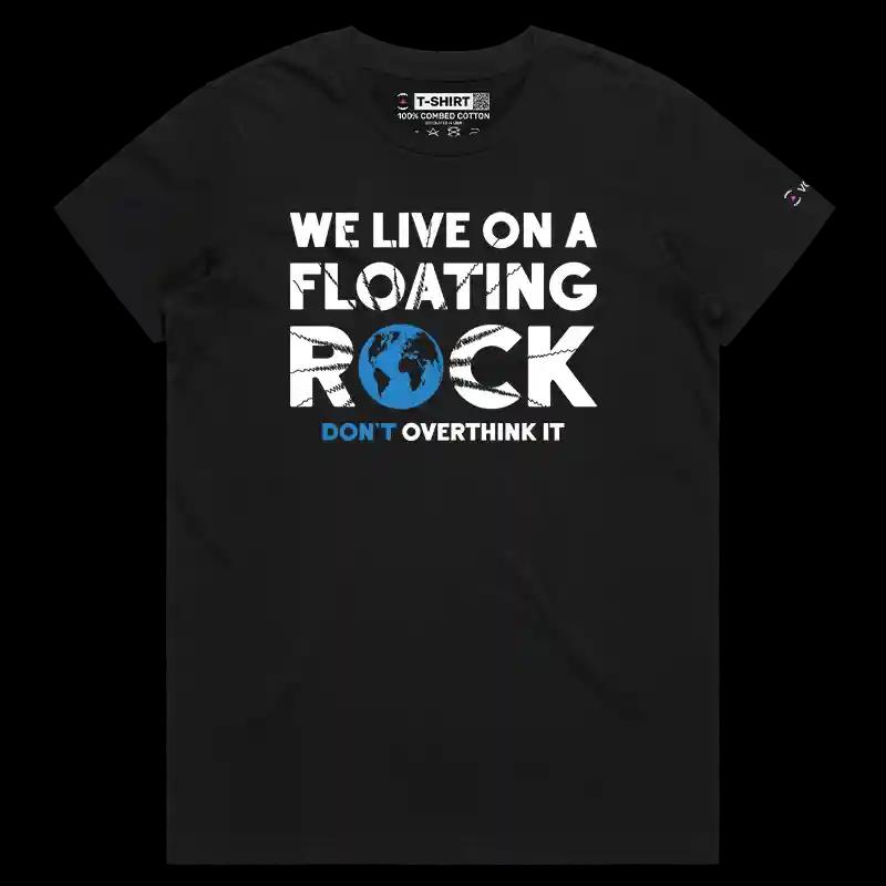 VOICEART Black Female Regular We Live On a Floating Rock Nature T-Shirt Premium Graphic Orbiting Planet Tee Men and Women
