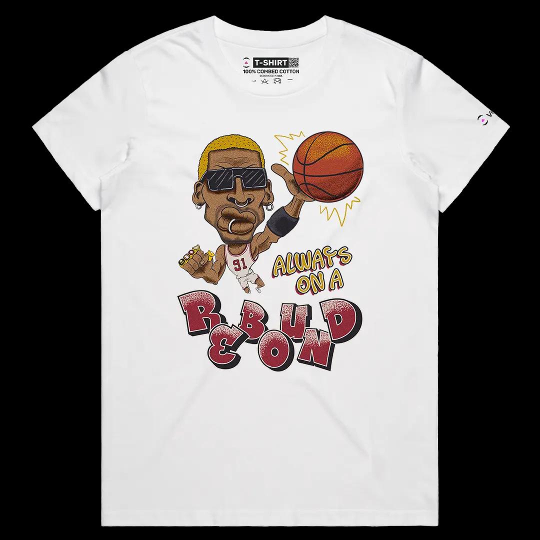 VOICEART White Female Regular Vintage Rodman on a Rebound Sports Tee for Basketball Fans Combed Cotton Short Sleeve T-Shirt