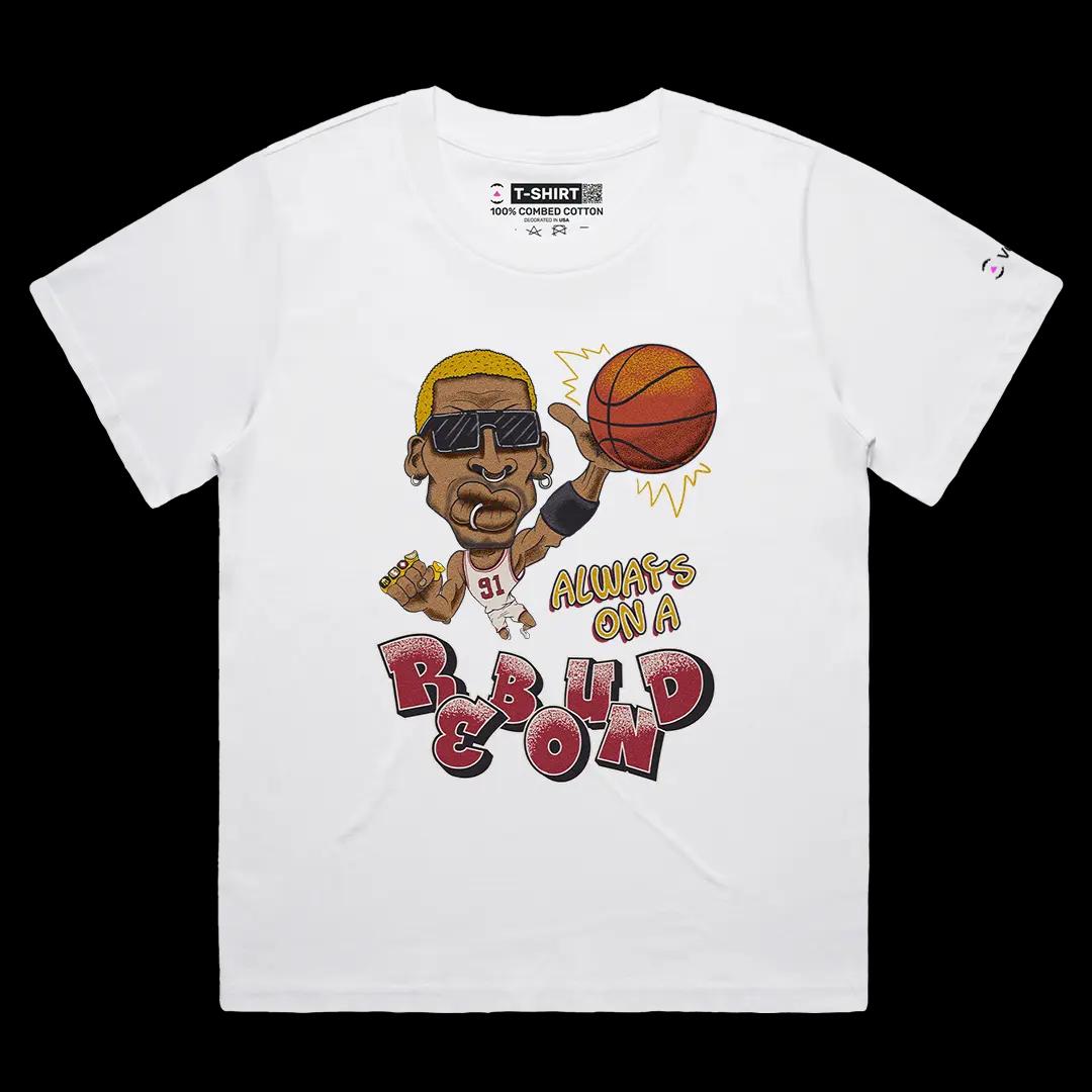 VOICEART White Female Loose Vintage Rodman on a Rebound Sports Tee for Basketball Fans Combed Cotton Short Sleeve T-Shirt